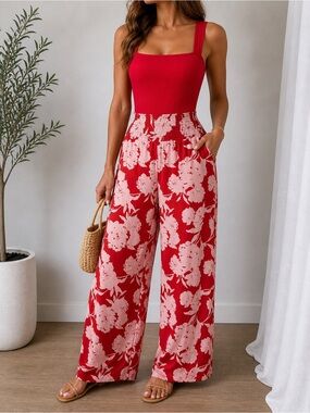 Sienna Sky Red Floral Wide Leg Pants High Rise Smocked Waist Size M